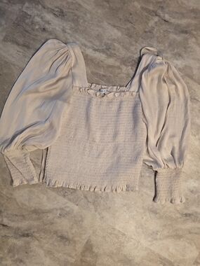 Puff-Sleeve Smocked Crop Top - Cream